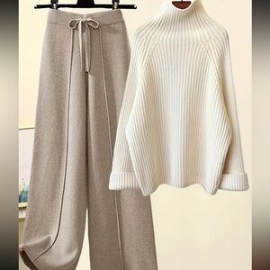Elegant Cream Sweater and Tan Wide-Leg Pants Set